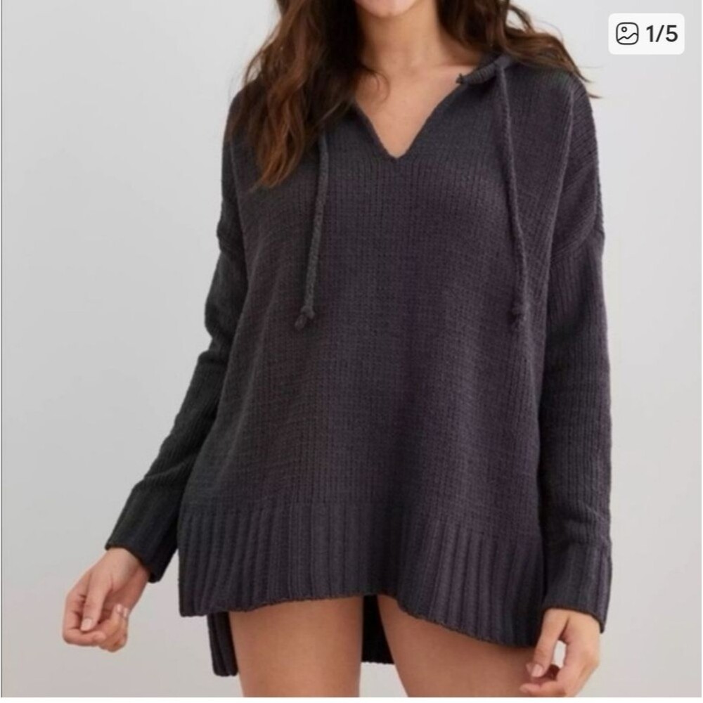 aerie Charcoal Scoop Neck Hooded Knit Sweater